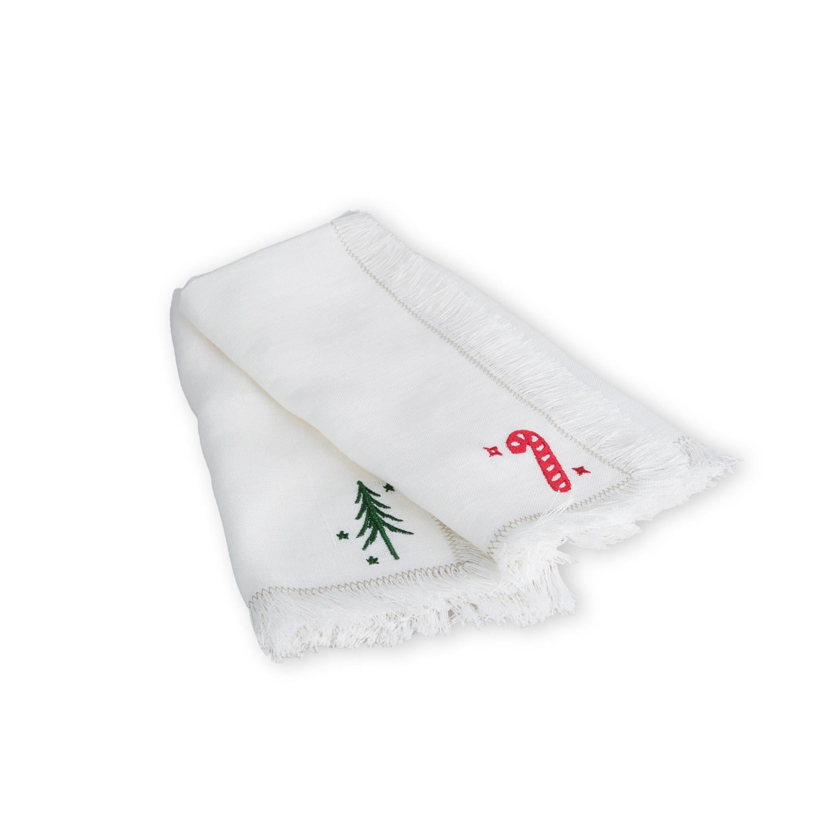 Linen Tree and candy cane patterned hand-stitched Napkin Set of 2 White 