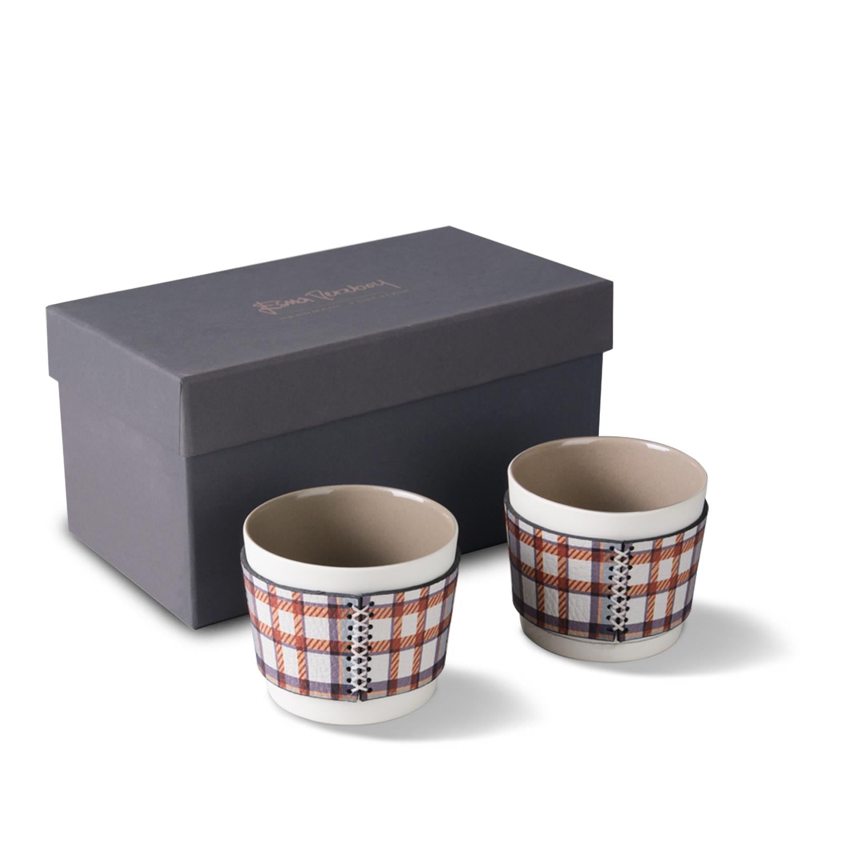Touch Of Leather Mug With Plaid Leather Set Of 2 Ivory & Rock 
