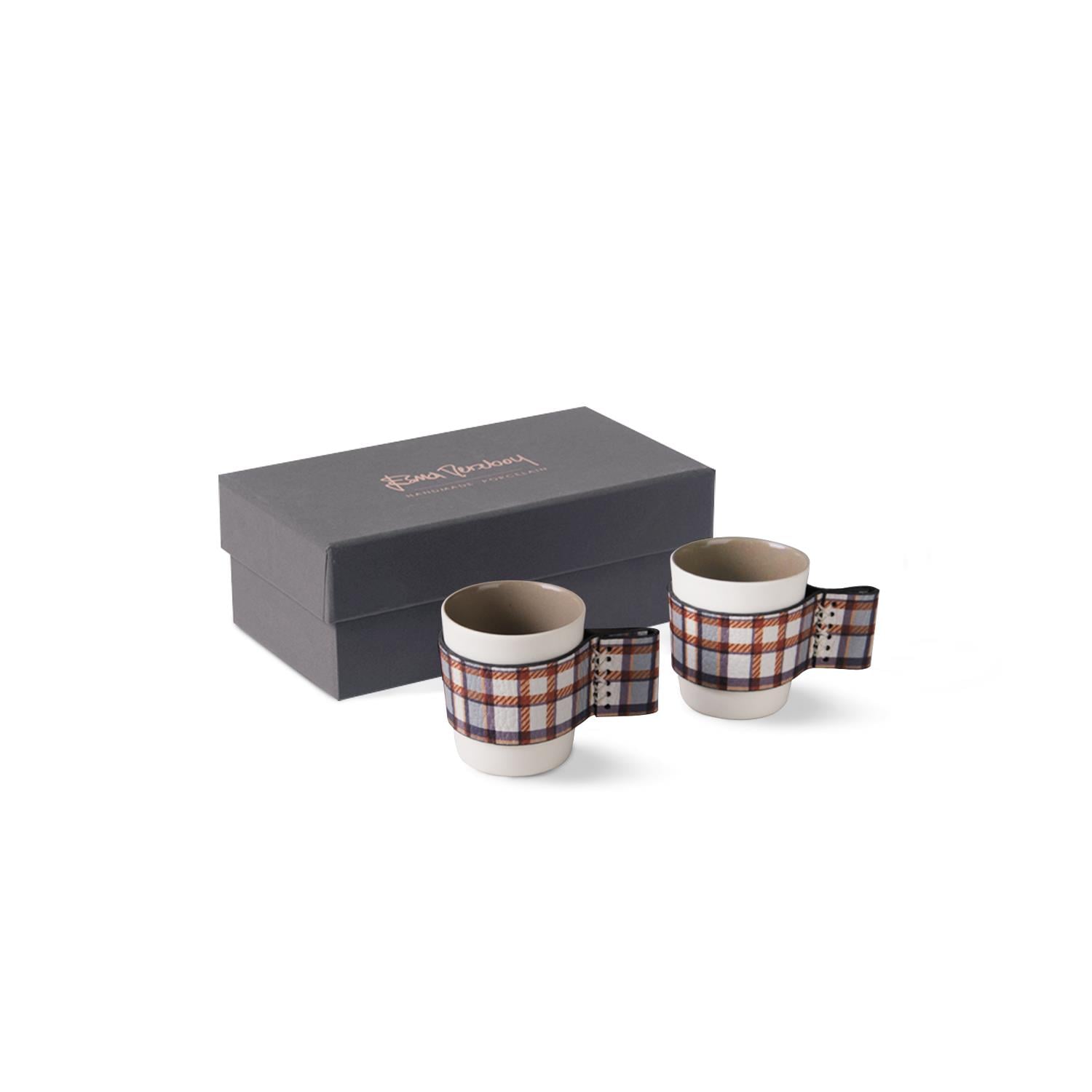 Touch Of Leather Espresso Cup With Plaid Leather Set Of 2 Ivory & Rock 