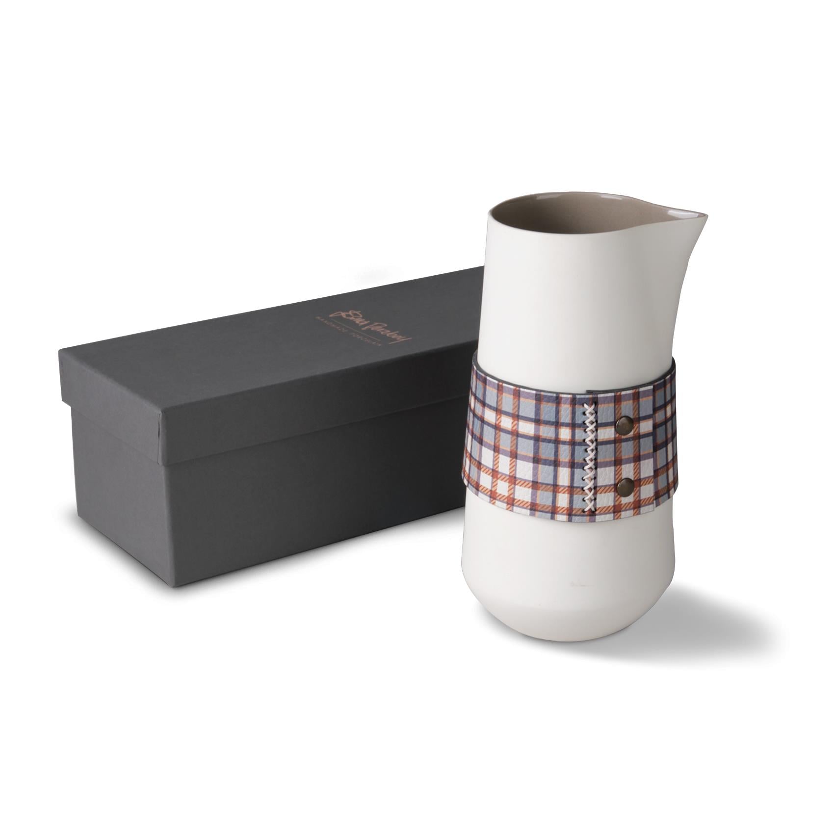 Touch Of Leather Jug With Plaid Leather Ivory & Rock 