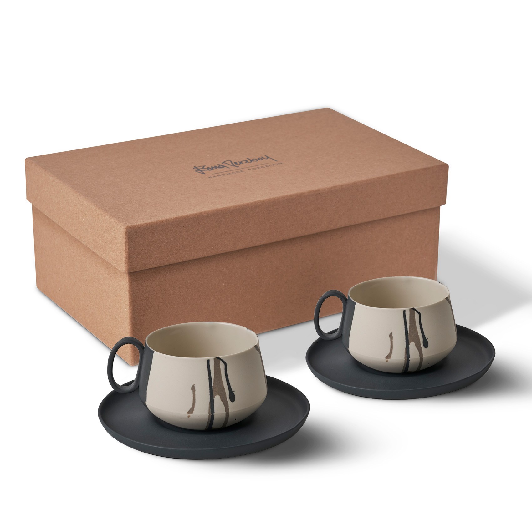 Tube Coffee/Tea Cup with Saucers Set of 2 Colour Wave Black - Black & Rock & Ivory 