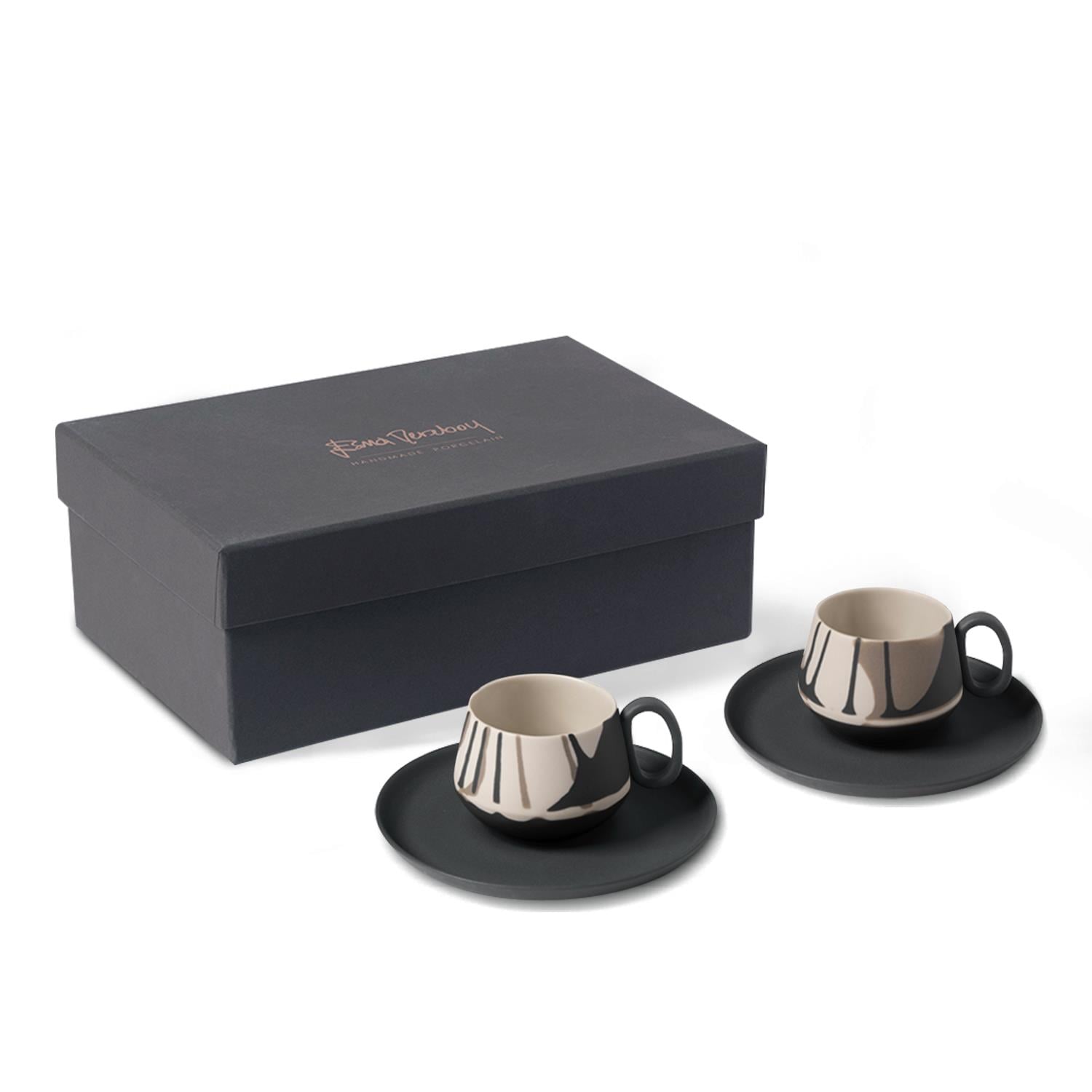 Tube Colour Wave Espresso Cup Wıth Saucer Set Of 2 Black - Black & Rock & Ivory