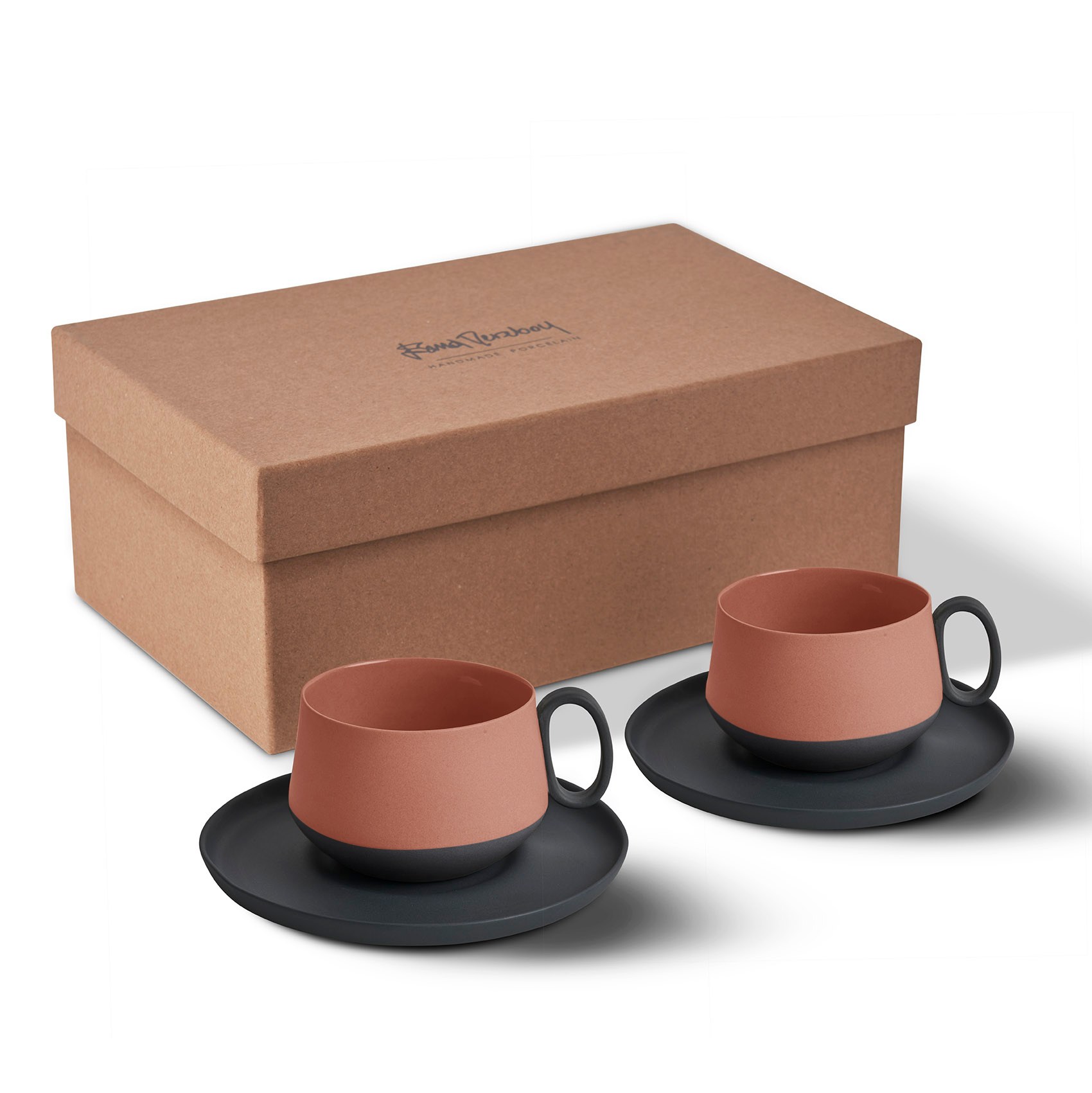 Tube Coffee/Tea Cup with Saucers Set of 2 Black - Black & Coral 200 ml 