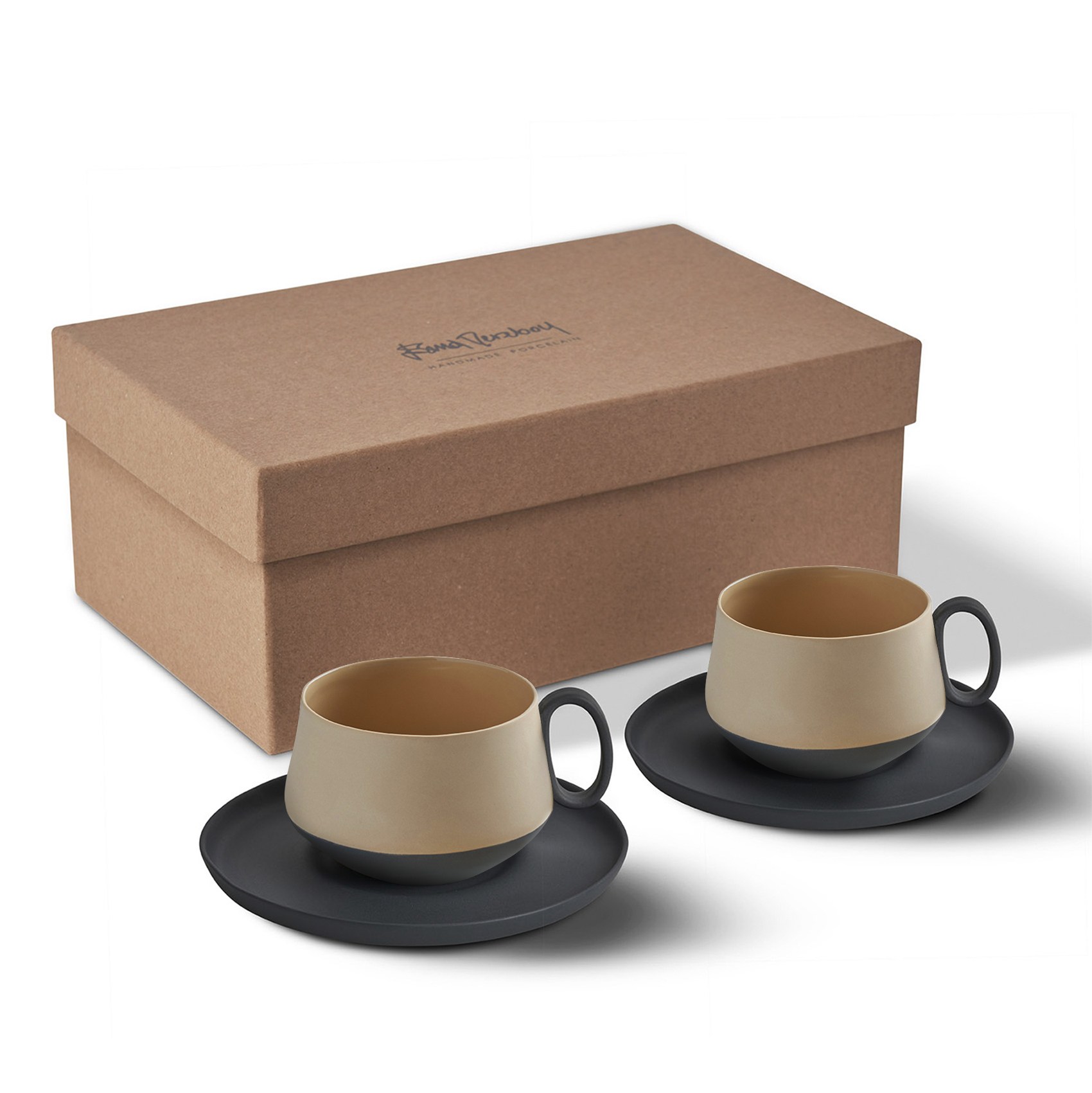 Tube Coffee/Tea Cup with Saucers Set of 2 Black - Black & Straw 200 ml 