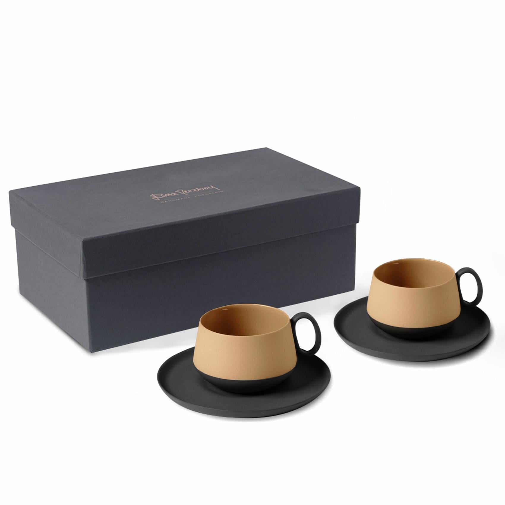 Tube Tea Cup Wıth Saucer Set Of 2 Black - Black & Straw