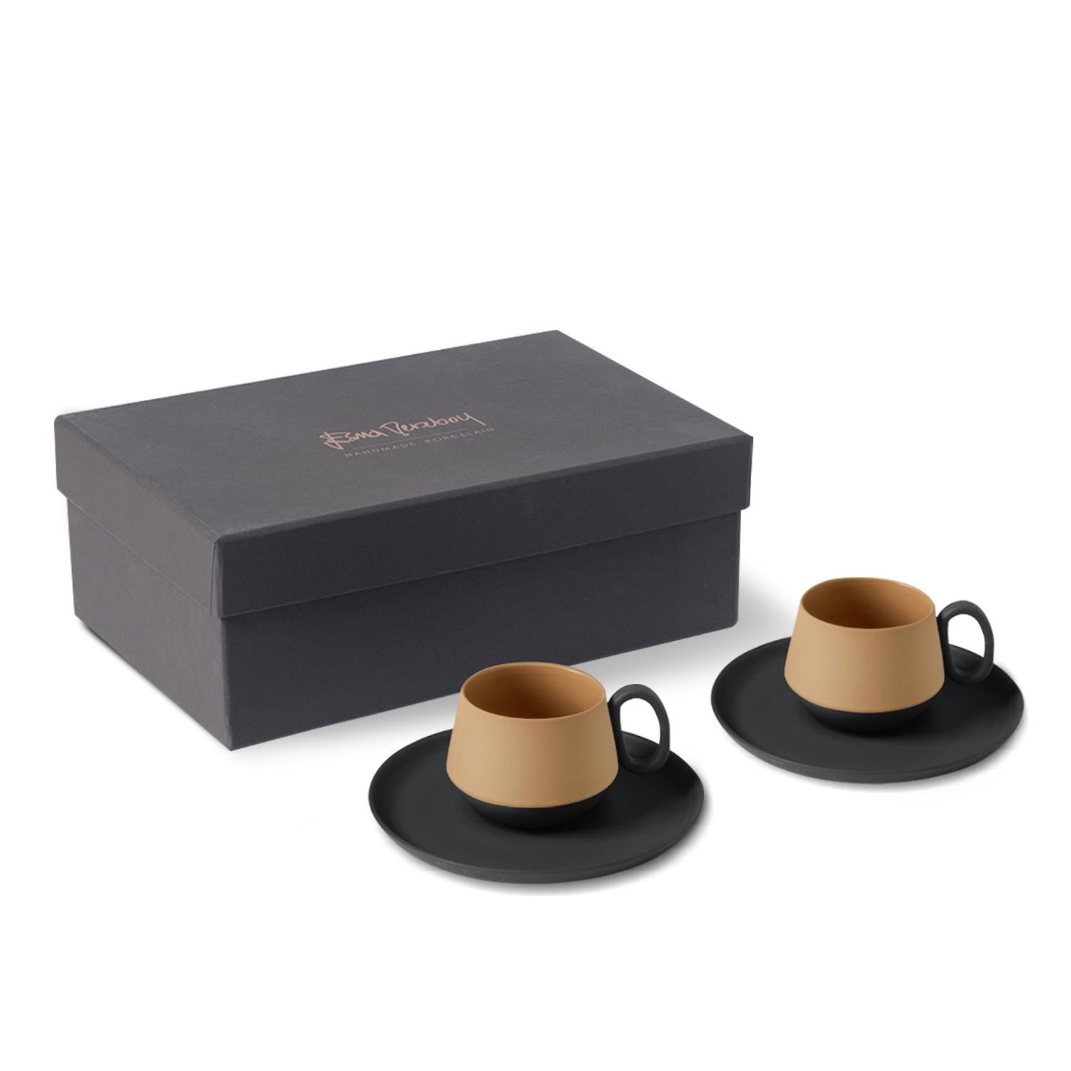 Tube Espresso Cup Wıth Saucer Set Of 2 Black - Black & Straw