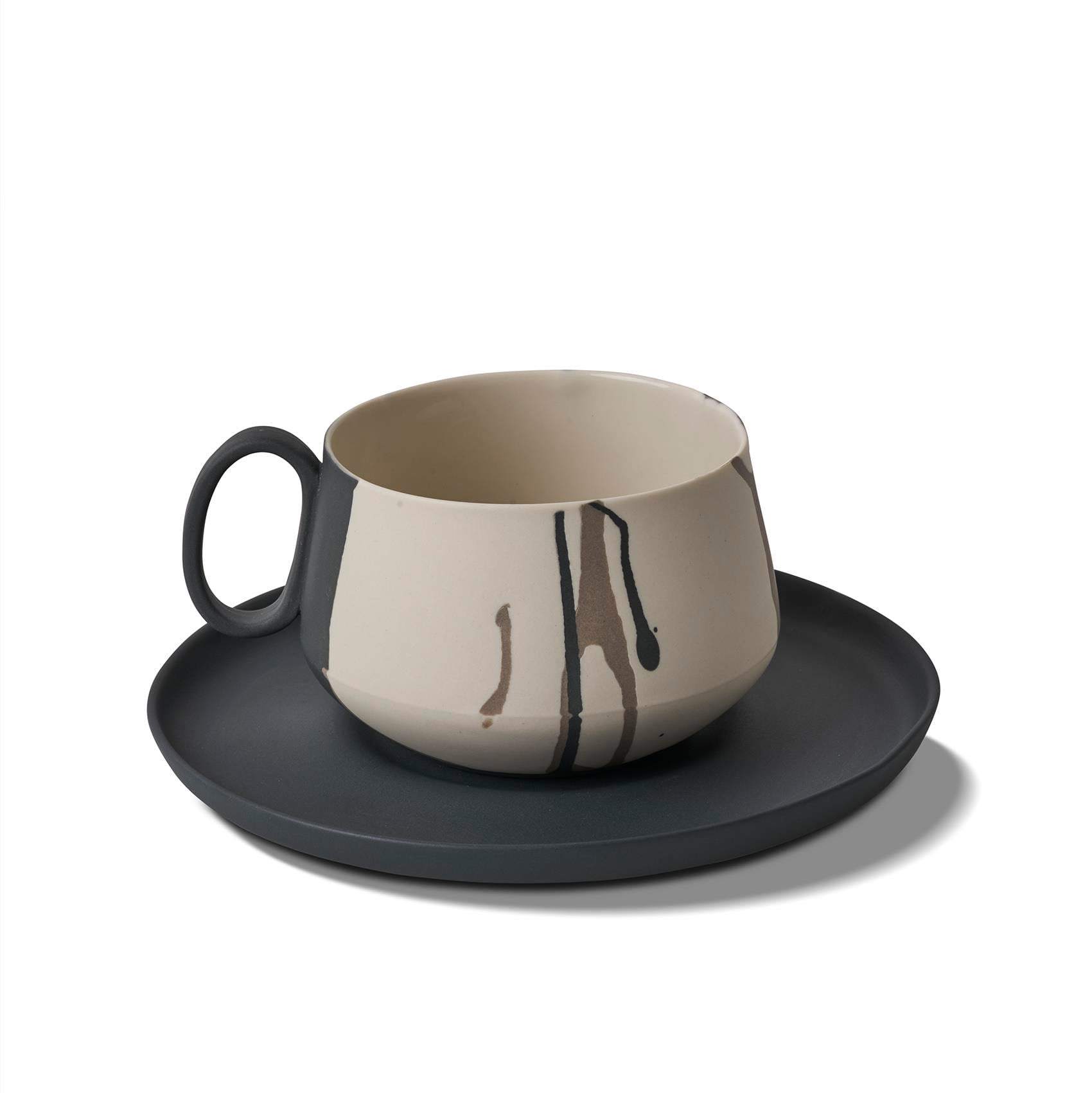 Tube Tea Cup Wıth Saucer Colour Wave Black - Black & Rock & Ivory