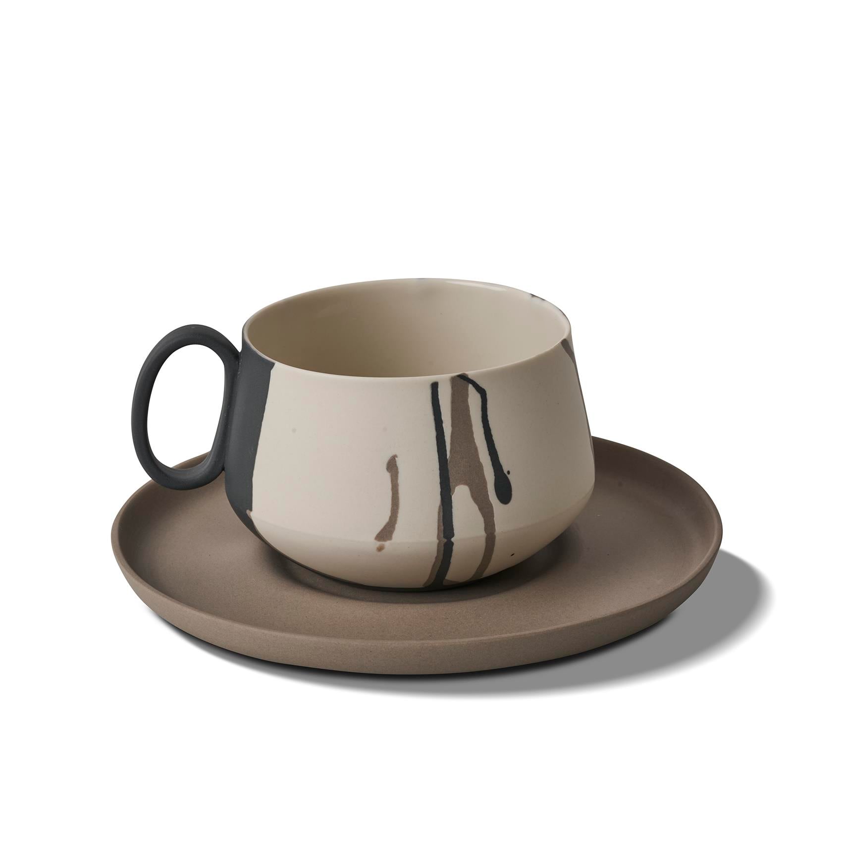 Tube Tea Cup Wıth Saucer Colour Wave Rock - Black & Rock Ivory