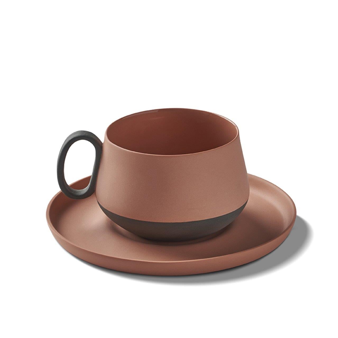 Tube Tea Cup Wıth Saucer Coral - Black & Coral