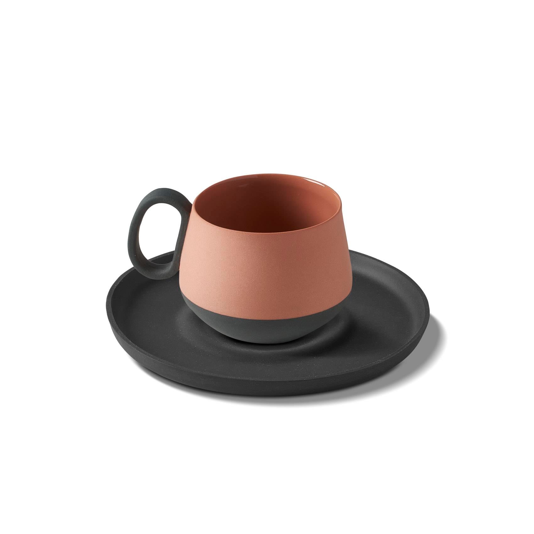 Tube Espresso Cup Wıth Saucer Black - Black & Coral