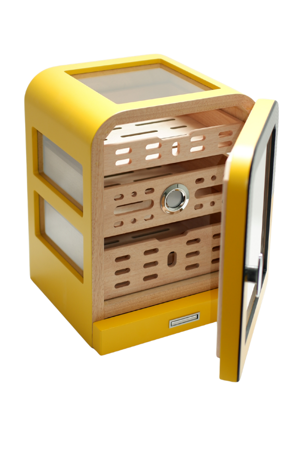 Cohiba 3 Çekmeceli Sarı Nokta Desenli Aksesuar Bölmeli Sedir Humidor Puro Kutusu