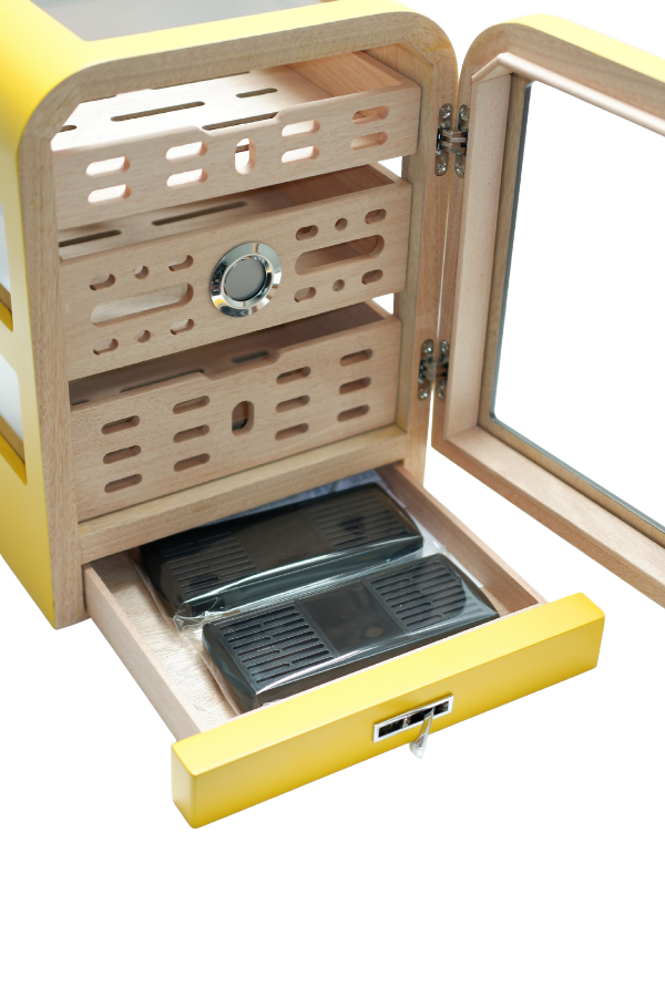 Cohiba 3 Çekmeceli Sarı Nokta Desenli Aksesuar Bölmeli Sedir Humidor Puro Kutusu