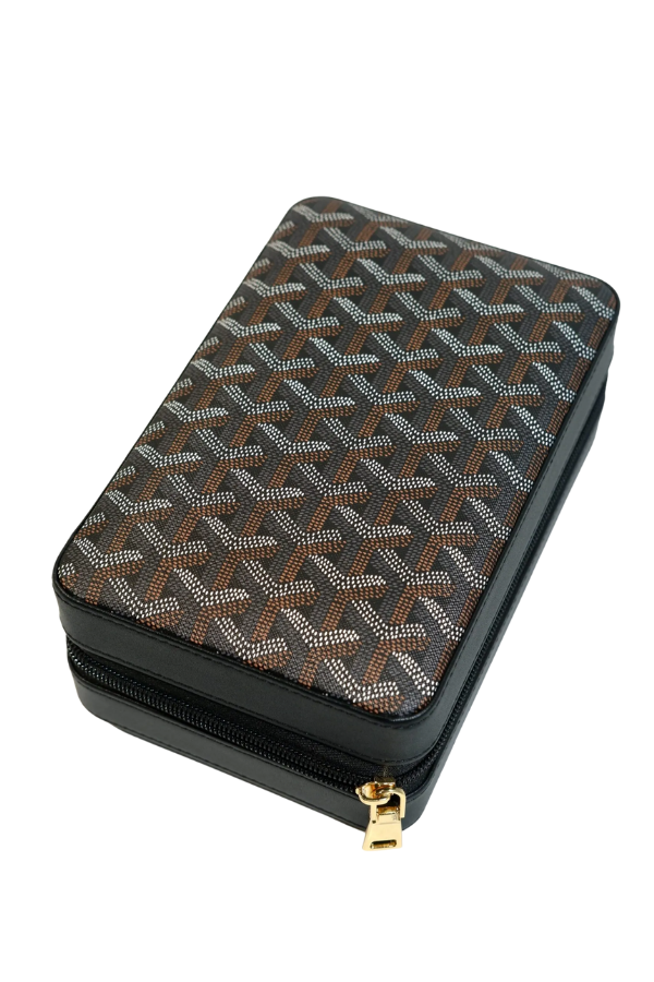 Cohiba Çakmak Kesicili Goyard Desenli Siyah Deri Puro Taşıma Çantası & Seyahat Humidoru