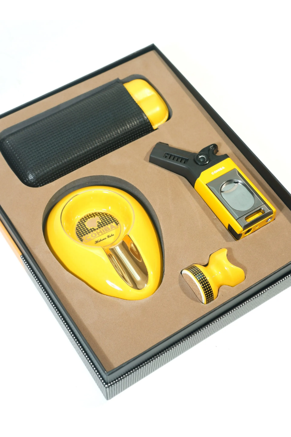 Cohiba Tek Torch Masa Tipi Çakmak Küllük Sehpa Kılıf Sarı Dörtlü Puro Seti TR9859