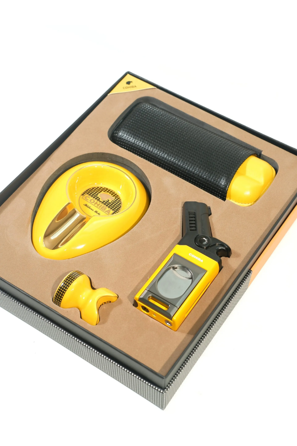 Cohiba Tek Torch Masa Tipi Çakmak Küllük Sehpa Kılıf Sarı Dörtlü Puro Seti TR9859