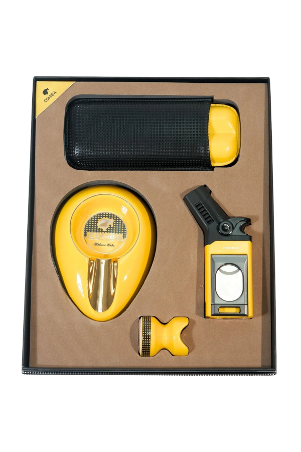 Cohiba Tek Torch Masa Tipi Çakmak Küllük Sehpa Kılıf Sarı Dörtlü Puro Seti TR9859