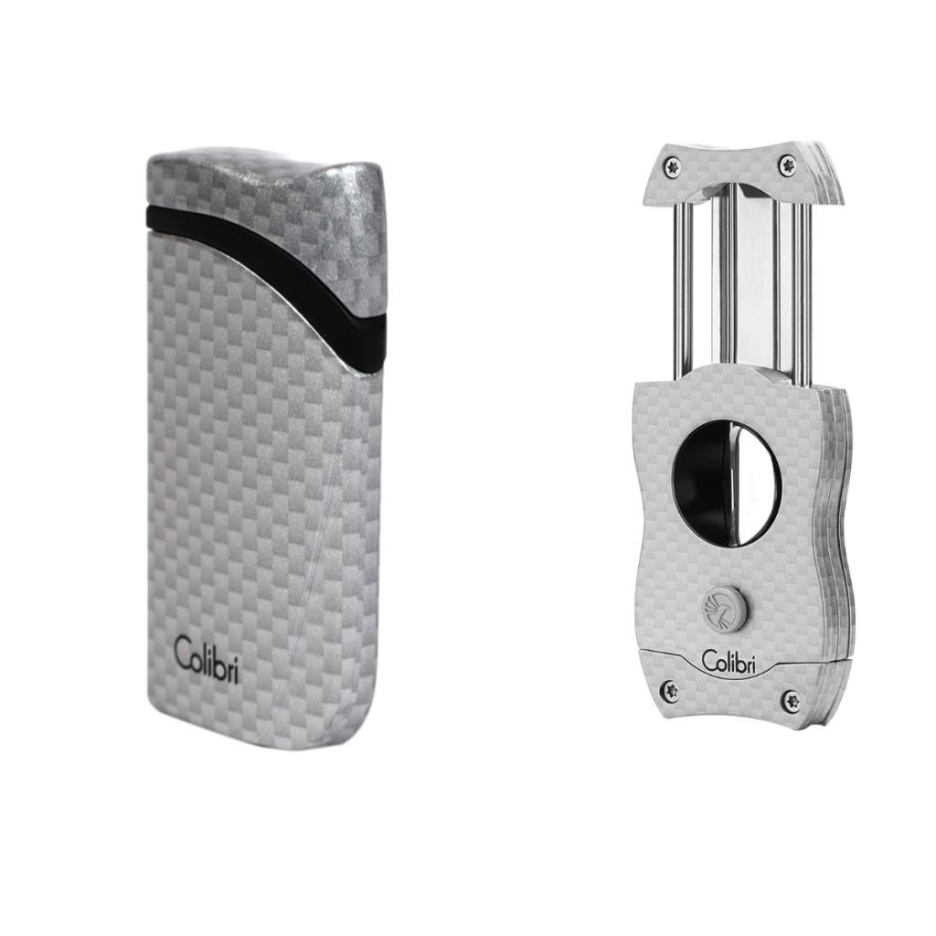 Colibri Gümüş Karbon Desenli Çakmak Kesici Set - CLBRSET1