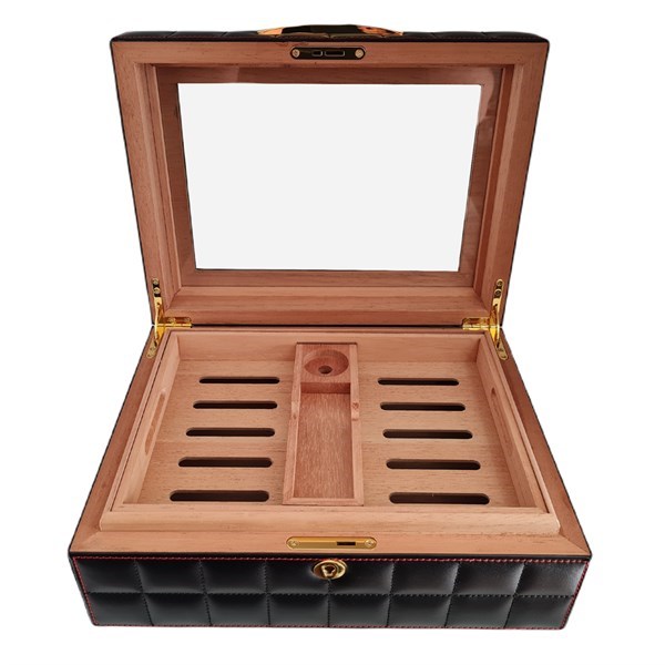 Lubinski Deri Camlı Humidor Puro Kutusu Siyah 50s LB-016