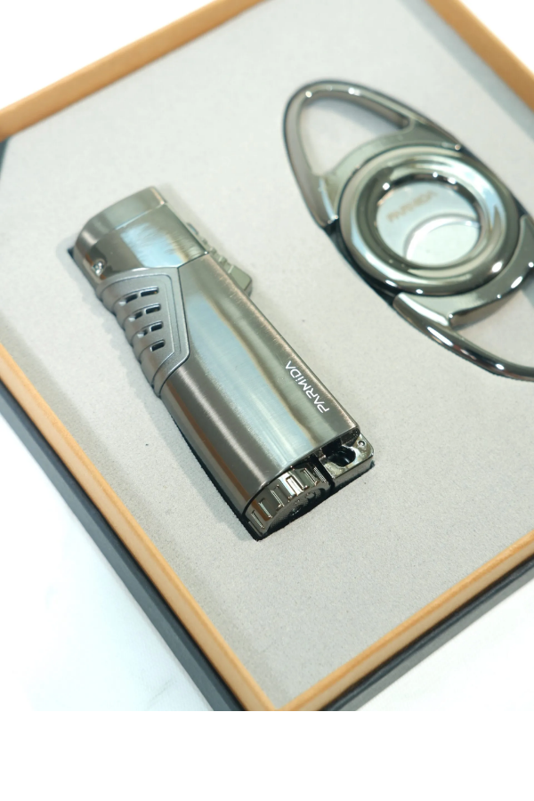 Parmida 3 Torch Gunmetal Çakmak Gunmetal Kesici İkili Puro Seti
