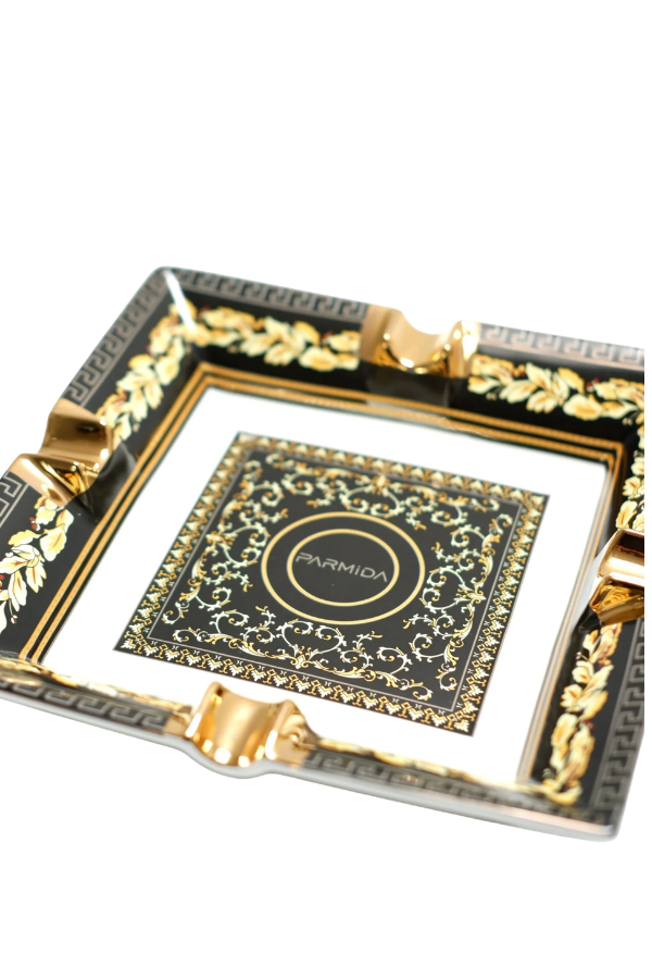 Parmida Siyah Gold Şeritli Desenli Dörtlü Porselen Puro Küllüğü - TR9713