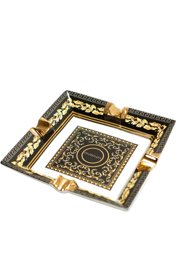 Parmida Siyah Gold Şeritli Desenli Dörtlü Porselen Puro Küllüğü - TR9713
