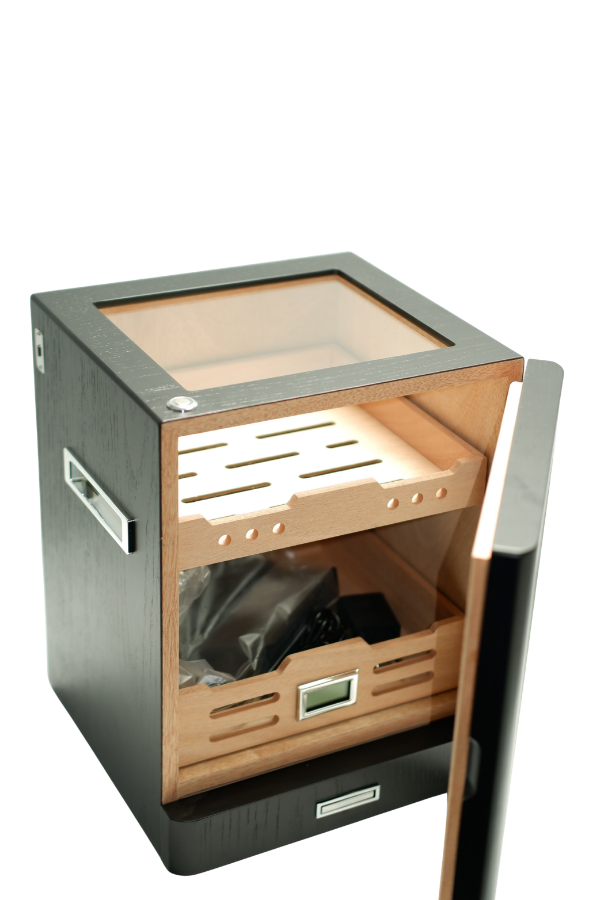 PremiumQuality Sucre Aksesuar Çekmeceli İçi Ledli Siyah Sedir Humidor Puro Kutusu