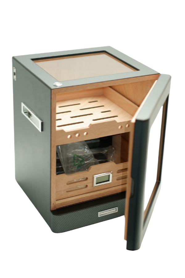 PremiumQuality Sucre Aksesuar Çekmeceli İçi Ledli Karbon Desenli Sedir Humidor Puro Kutusu - TR9647