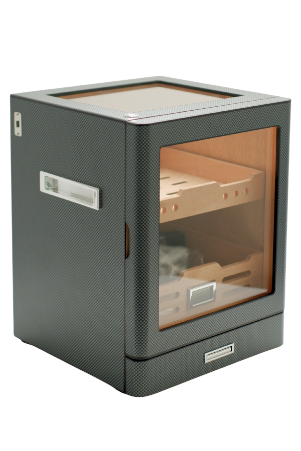 PremiumQuality Sucre Aksesuar Çekmeceli İçi Ledli Karbon Desenli Sedir Humidor Puro Kutusu - TR9647