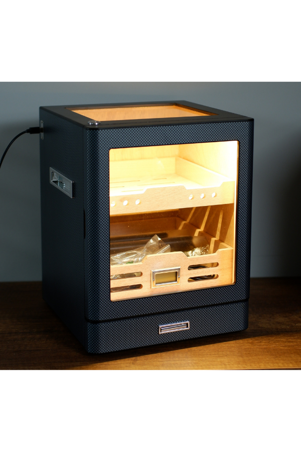 PremiumQuality Sucre Aksesuar Çekmeceli İçi Ledli Karbon Desenli Sedir Humidor Puro Kutusu - TR9647