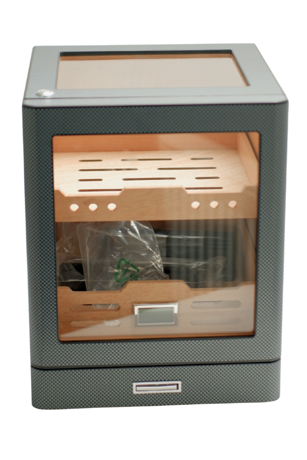 PremiumQuality Sucre Aksesuar Çekmeceli İçi Ledli Karbon Desenli Sedir Humidor Puro Kutusu - TR9647