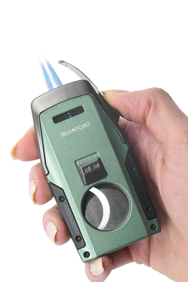 Quantoro Çift Torch Pürmüz Düz Kesici/Delicili Yeşil Metal Puro Çakmağı