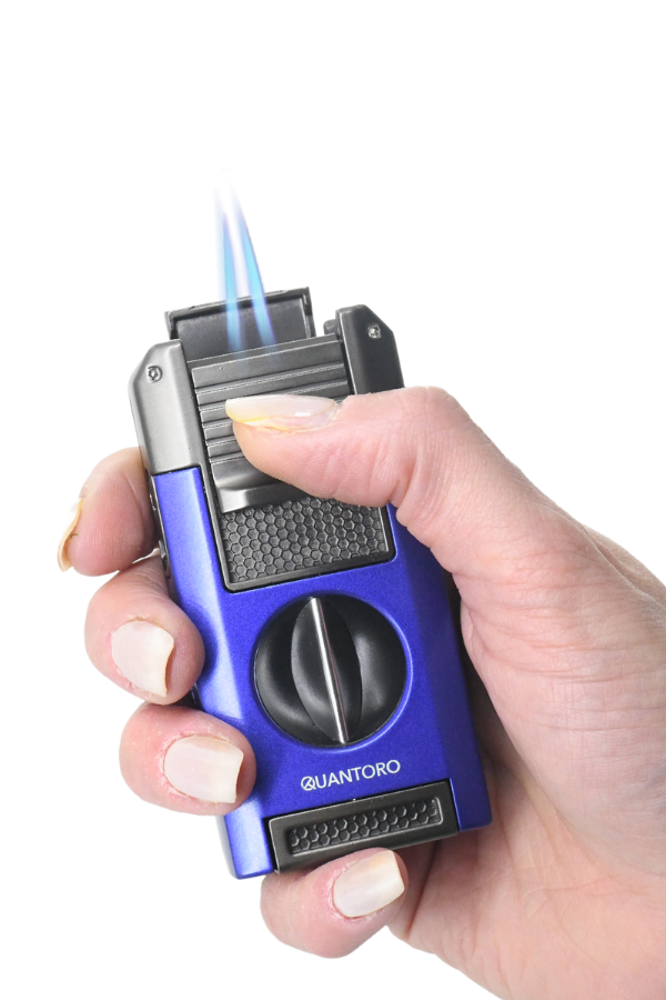 Quantoro Çift Torch Pürmüz V-Cut/Delicili/İğneli Mavi-Gunmetal Metal Puro Çakmağı
