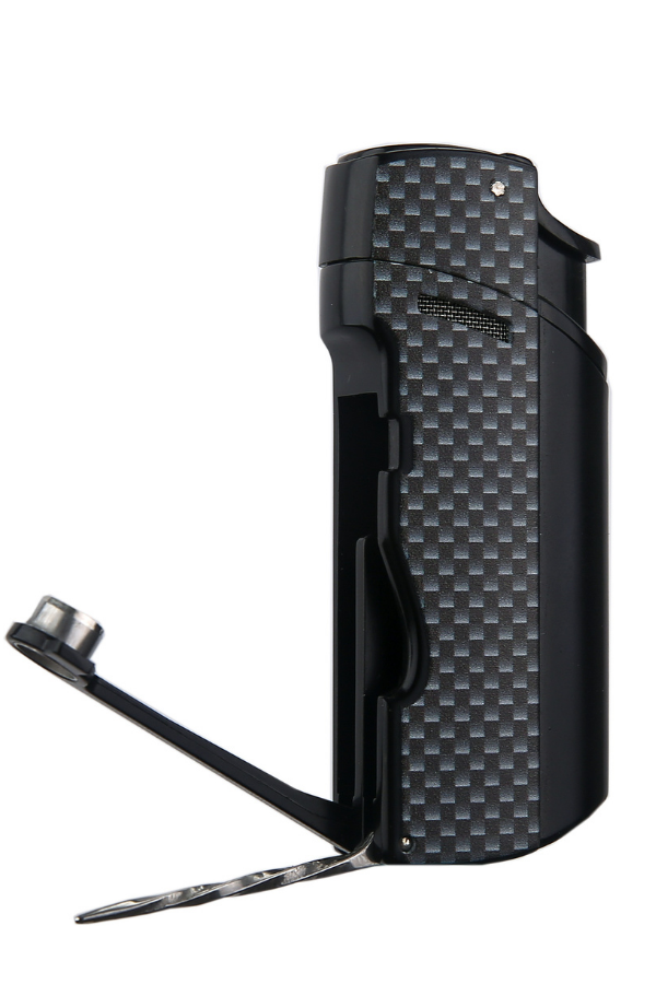 Quantoro Tek Torch Pürmüz Delicili/İğneli Siyah Karbon Desenli Metal Puro Çakmağı