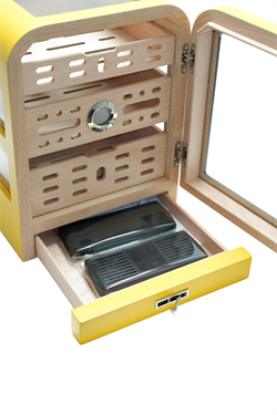 Cohiba 3 Çekmeceli Sarı Nokta Desenli Aksesuar Bölmeli Sedir Humidor Puro Kutusu