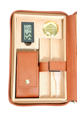 Cohiba Dahili Çakmak Açık Kahverengi Deri Puro Taşıma Çantası & Seyahat Humidoru