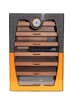 Cohiba Sarı-Gri Nokta Desenli 7 Çekmeceli Sedir Humidor Puro Kutusu