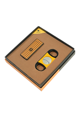 Cohiba Tek Torch Dama Desenli Çakmak Sarı Siyah Kesici İkili Puro Seti