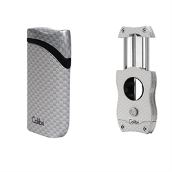 Colibri Gümüş Karbon Desenli Çakmak Kesici Set - CLBRSET1