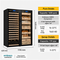 Lubinski Siyah Çift Kabin Elektronik Puro Dolabı - Şarap Dolabı CW1600 LB-042