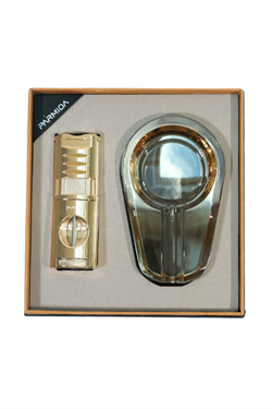 Parmida 3 Torch Ahşap Gold Çakmak Gold Kristal Tekli Küllük İkili Puro Seti