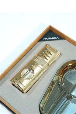 Parmida 3 Torch Ahşap Gold Çakmak Gold Kristal Tekli Küllük İkili Puro Seti