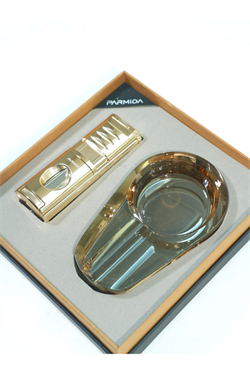 Parmida 3 Torch Ahşap Gold Çakmak Gold Kristal Tekli Küllük İkili Puro Seti