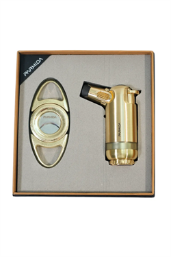 Parmida 3 Torch Gold Masa Tipi Çakmak Fırçalı Gold Kesici İkili Puro Seti