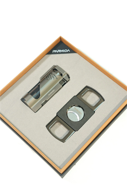 Parmida 3 Torch Gunmetal Çakmak Gunmetal Kesici İkili Puro Seti