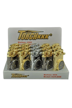 PremiumQuality Gold Saat Desenli Çift Torch Pürmüz Metal Puro Çakmağı
