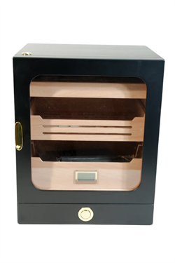 PremiumQuality Las Condes Aksesuar Çekmeceli İçi Ledli Siyah Sedir Humidor Puro Kutusu - TR9827
