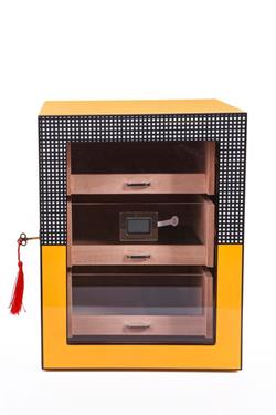 PremiumQuality Sarı Cohiba Desenli 4 Çekmeceli Sedir Humidor Puro Kutusu