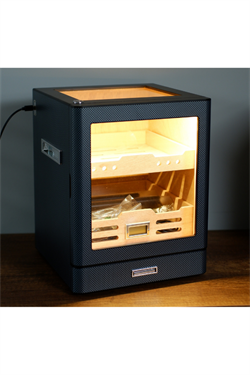 PremiumQuality Sucre Aksesuar Çekmeceli İçi Ledli Karbon Desenli Sedir Humidor Puro Kutusu - TR9647
