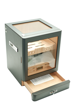 PremiumQuality Sucre Aksesuar Çekmeceli İçi Ledli Karbon Desenli Sedir Humidor Puro Kutusu - TR9647