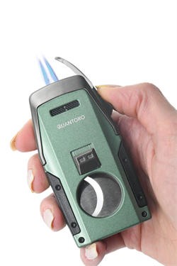 Quantoro Çift Torch Pürmüz Düz Kesici/Delicili Yeşil Metal Puro Çakmağı